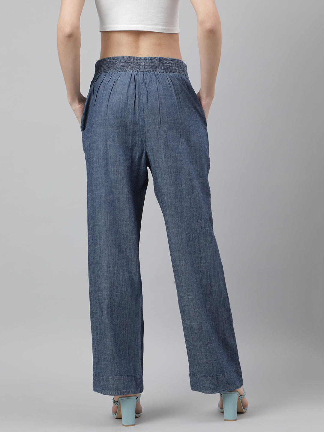 Blue Solid Straight Pant