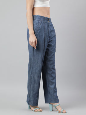 Blue Solid Straight Pant