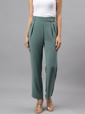 Green Solid Women Straight Pant