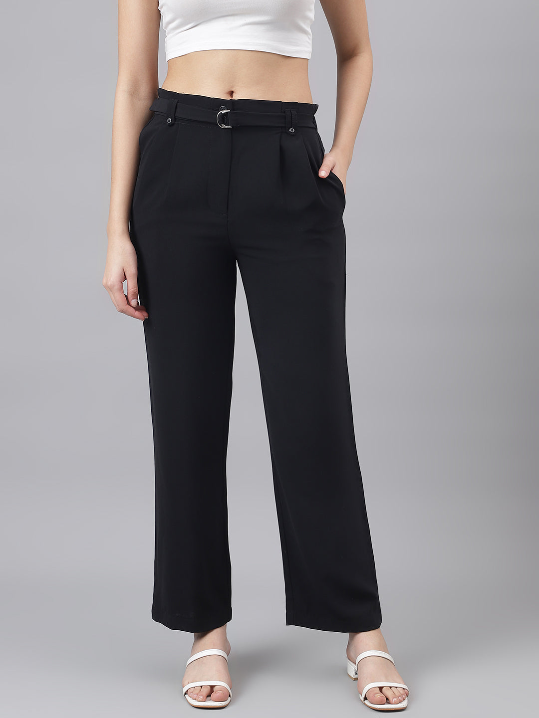 Women Black Mid-Rise Solid Trousers With 2 Pocket