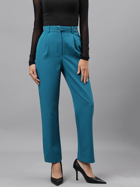 Turquoise Solid Women Straight Pant