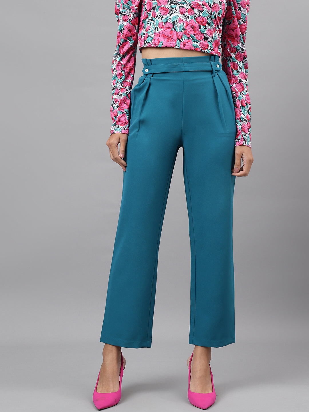 Turquoise Solid Women Straight Pant for Casual