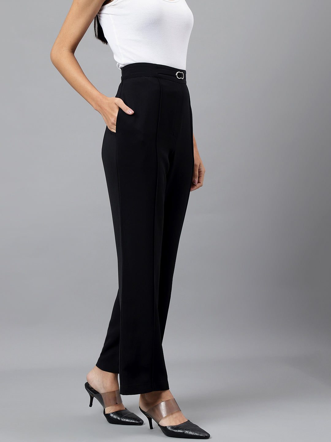 Women Black Solid Straight Pant