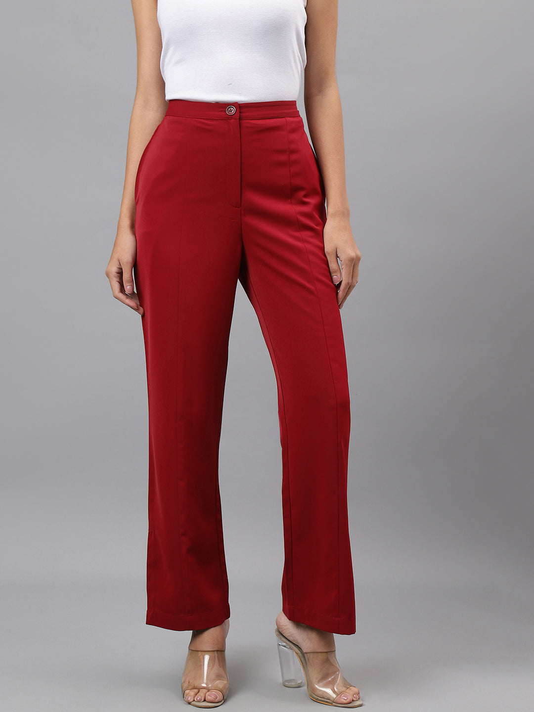 Women Maroon Solid Straight Pant