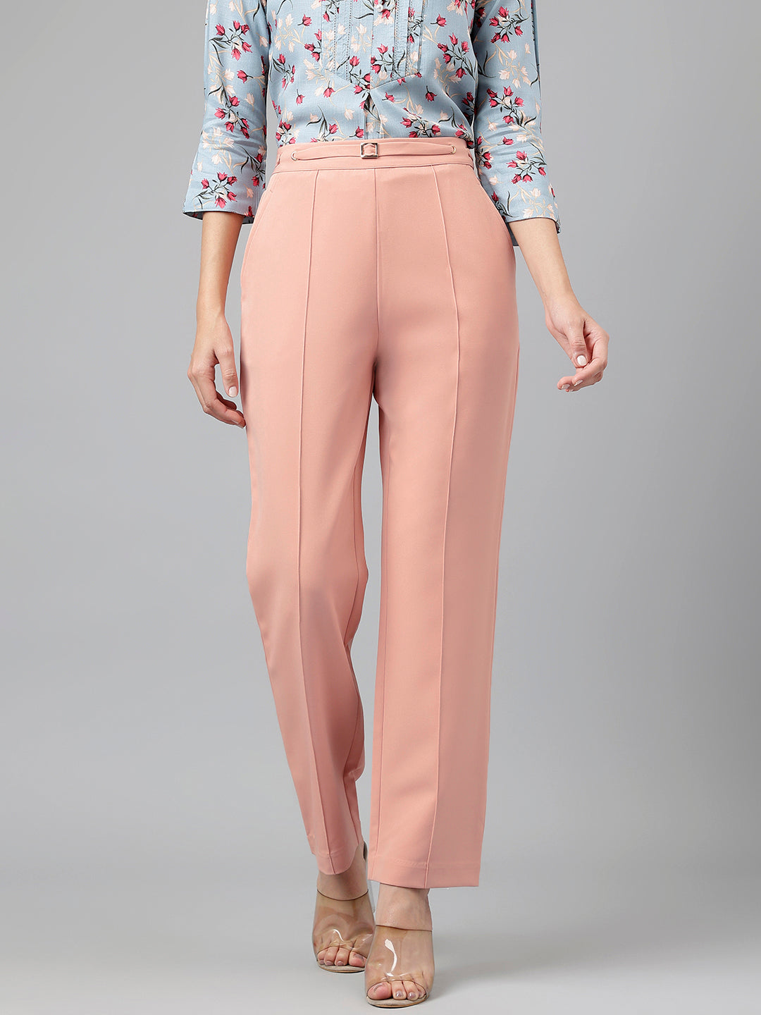 Ankle Length Solid Peach Pants