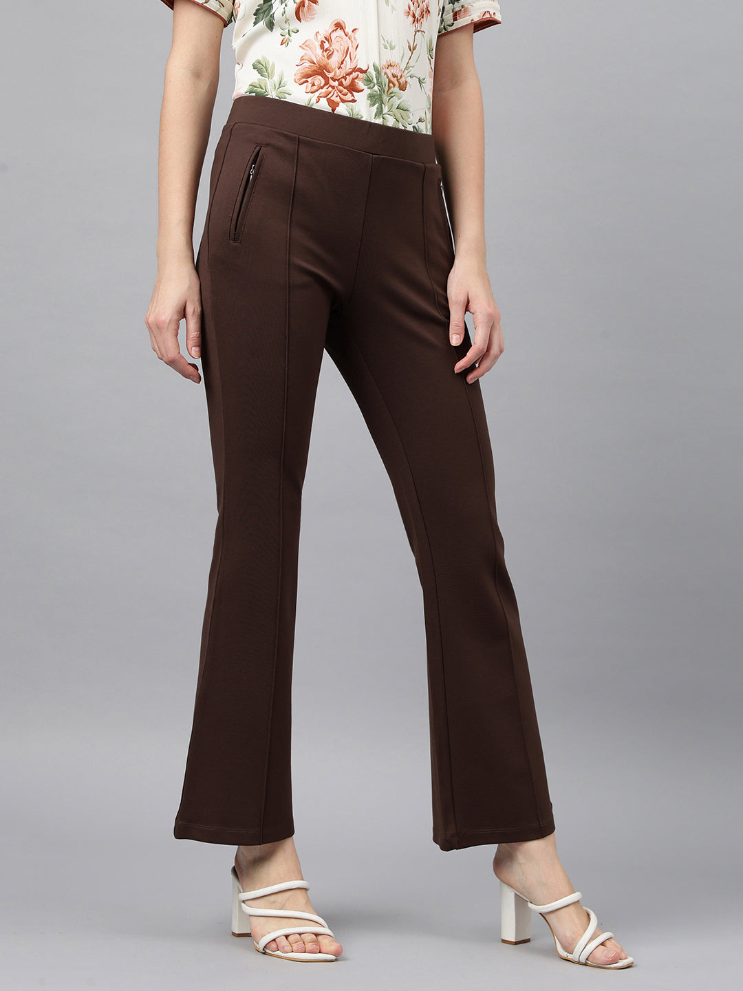 Latin Quarters Women's Brown Casual Solid Ankle Length Flared Trouser