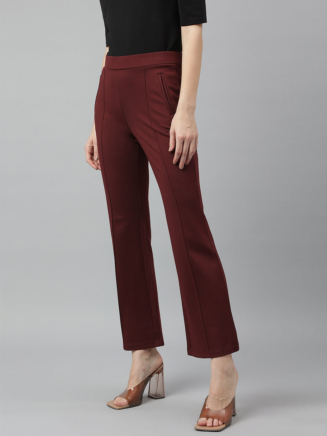 Latin Quarters Women's Maroon Casual Solid Ankle Length Flared Trouser