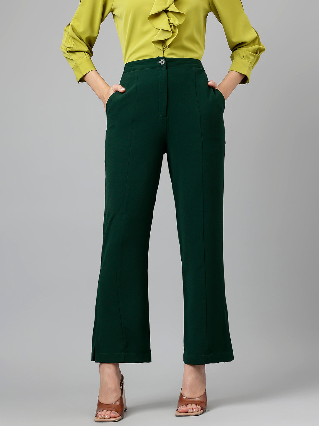 Ankle Length Solid Dark Green Pants
