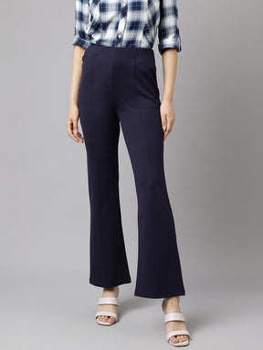 Latin Quarters Women's Blue Solid High Rise Casual Trouser