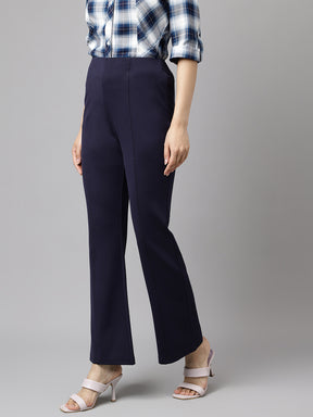 Latin Quarters Women's Blue Solid High Rise Casual Trouser