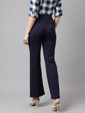 Latin Quarters Women's Blue Solid High Rise Casual Trouser