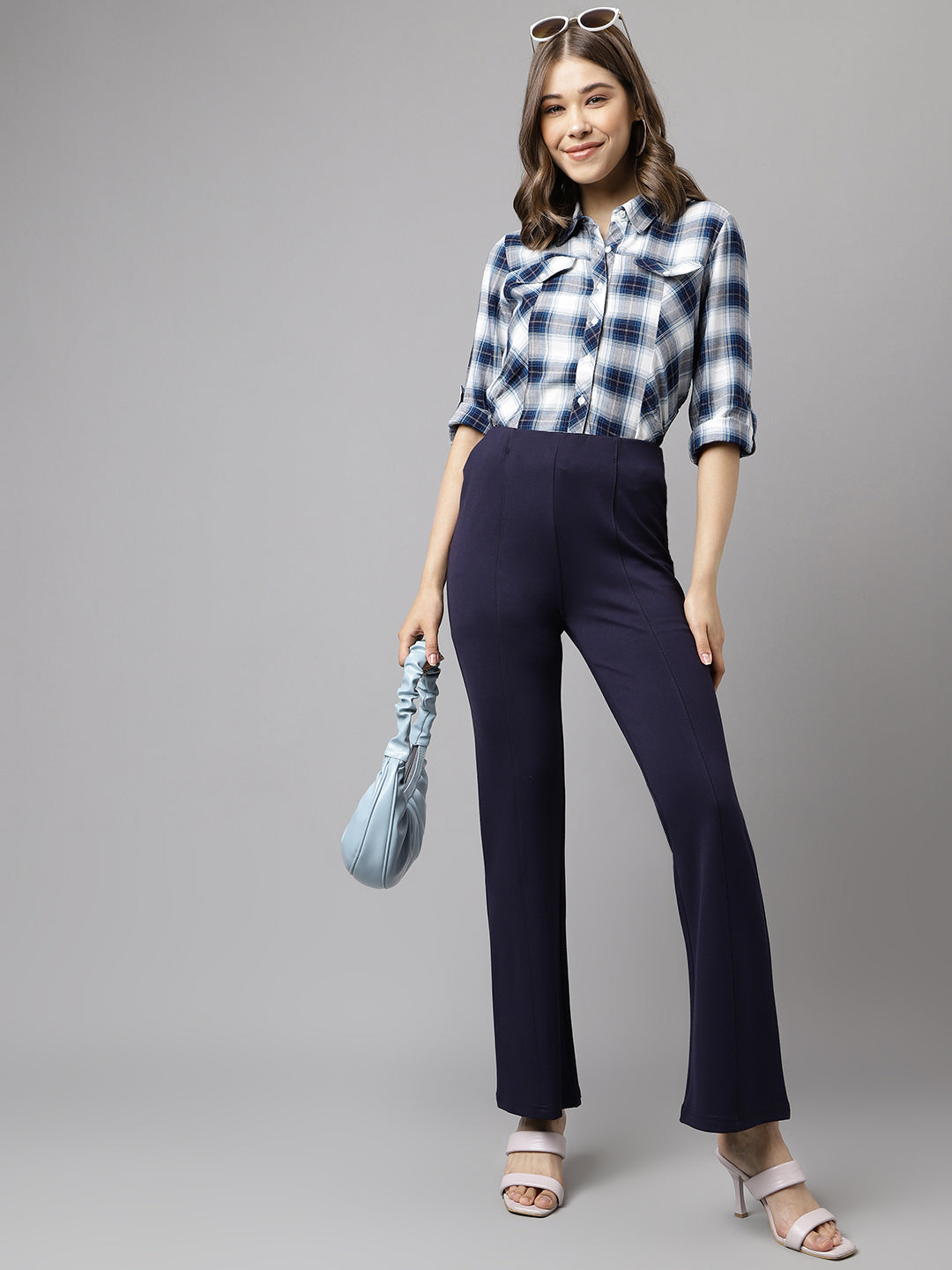 Latin Quarters Women's Blue Solid High Rise Casual Trouser