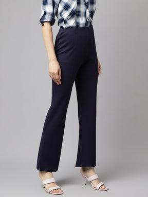 Latin Quarters Women's Blue Solid High Rise Casual Trouser