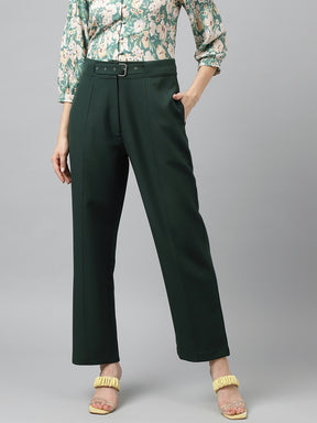 Latin Quarters Women's Green Solid Straight Fit High Rise Pant