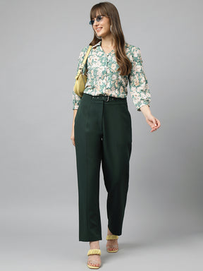 Latin Quarters Women's Green Solid Straight Fit High Rise Pant