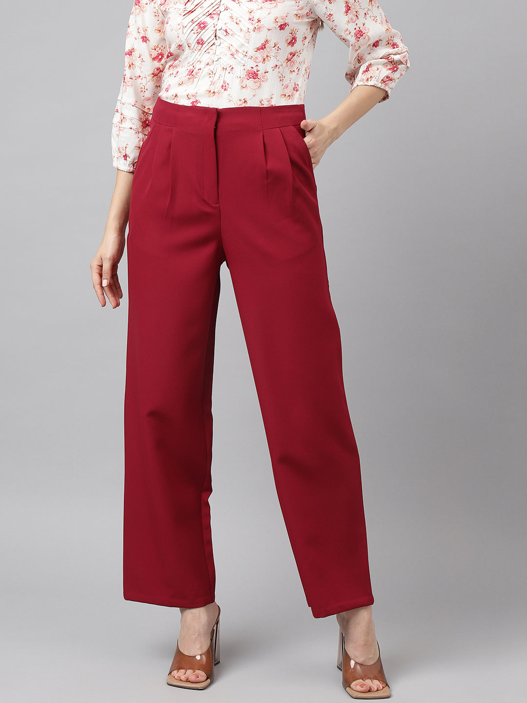 Red Solid High-Rise Trousers/Pant For Casual Wear