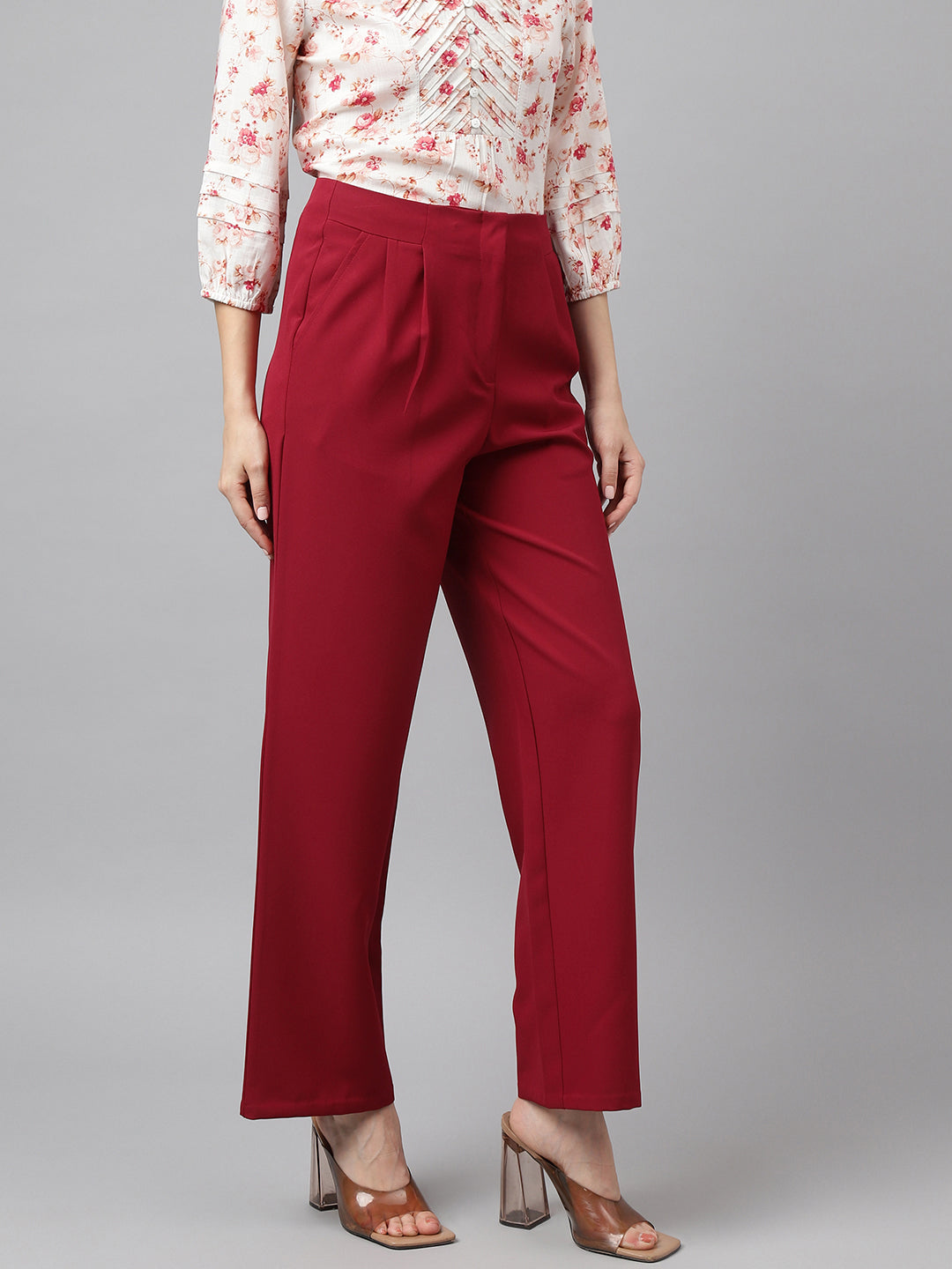 Red Solid High-Rise Trousers/Pant For Casual Wear