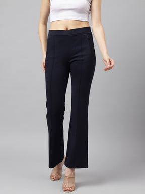 Latin Quarters Women Navy Blue Solid High Rise Casual Flared Pant