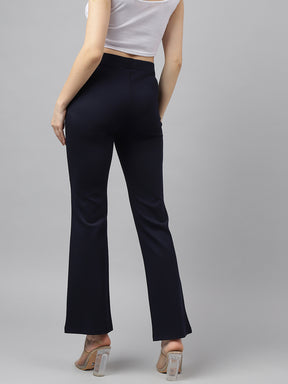 Latin Quarters Women Navy Blue Solid High Rise Casual Flared Trouser