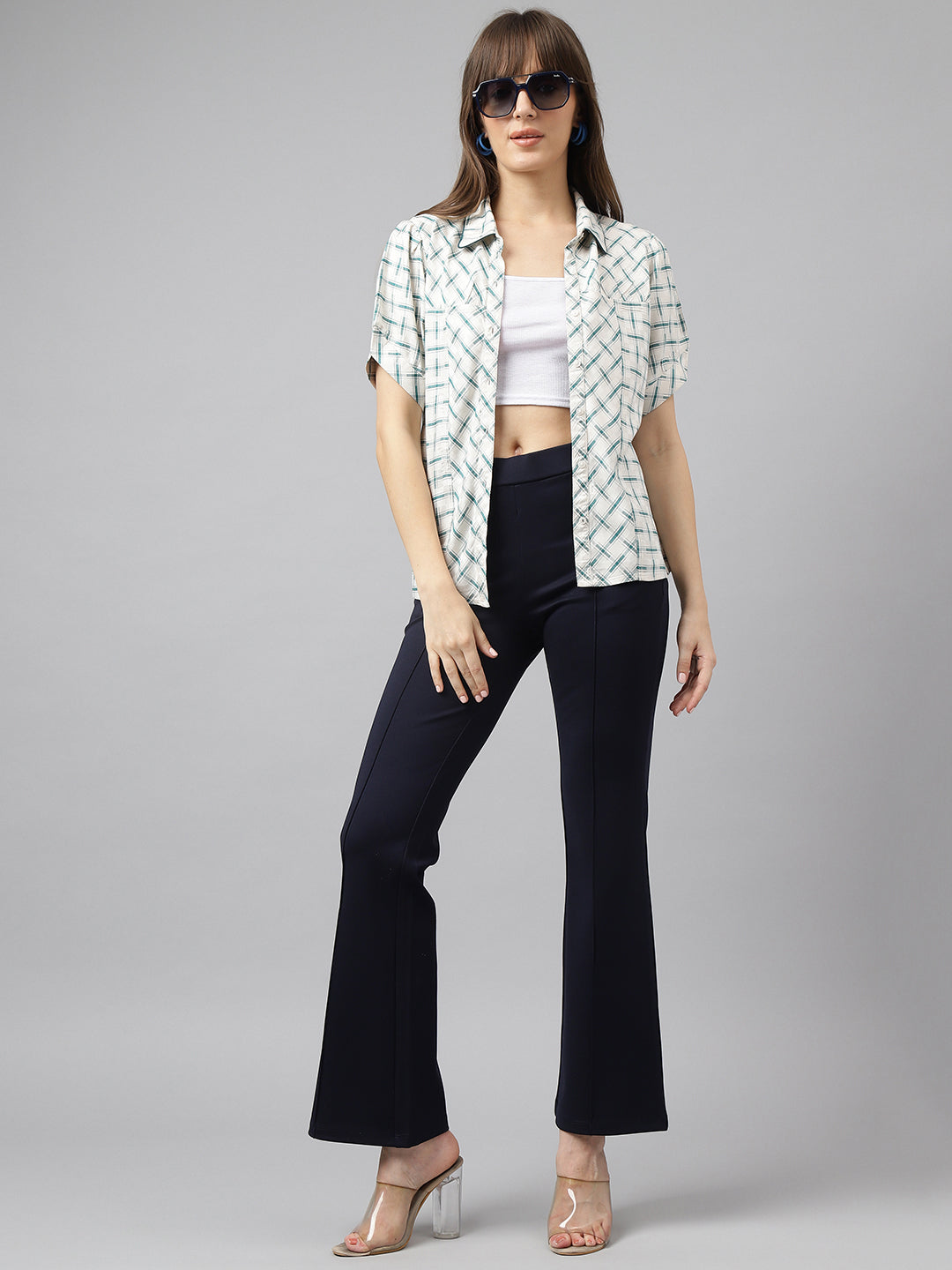 Latin Quarters Women Navy Blue Solid High Rise Casual Flared Pant