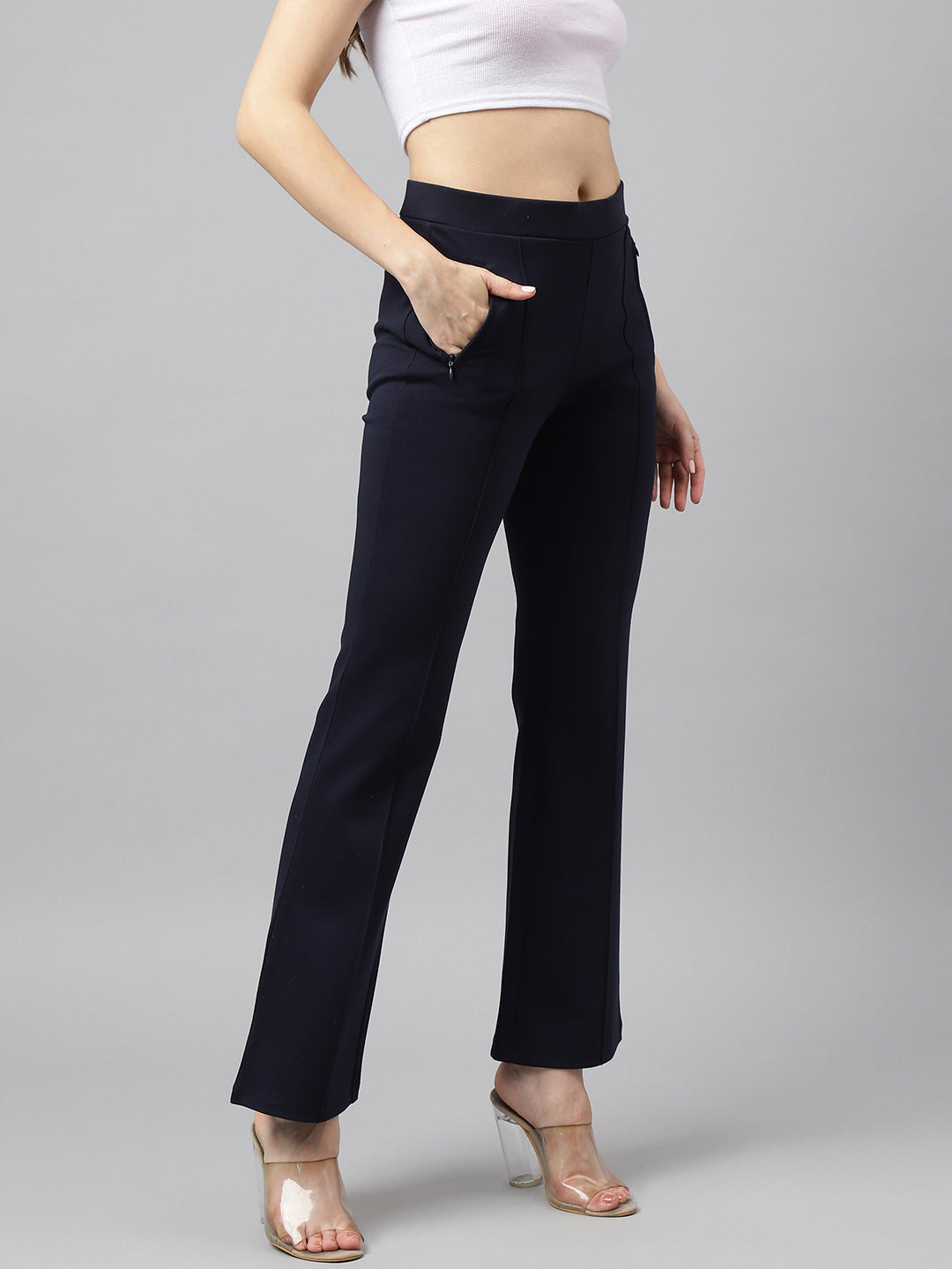 Latin Quarters Women Navy Blue Solid High Rise Casual Flared Pant