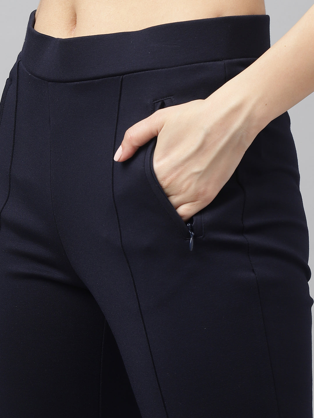 Latin Quarters Women Navy Blue Solid High Rise Casual Flared Trouser