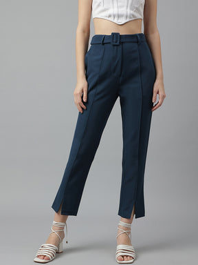 Teal High-Rise Straight Fit Solid Pant/Trousers For Casual Wear