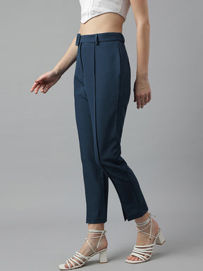 Teal High-Rise Straight Fit Solid Pant/Trousers For Casual Wear