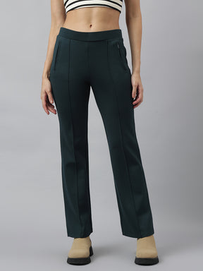 Green Solid High Rise Trousers For Casual Wear