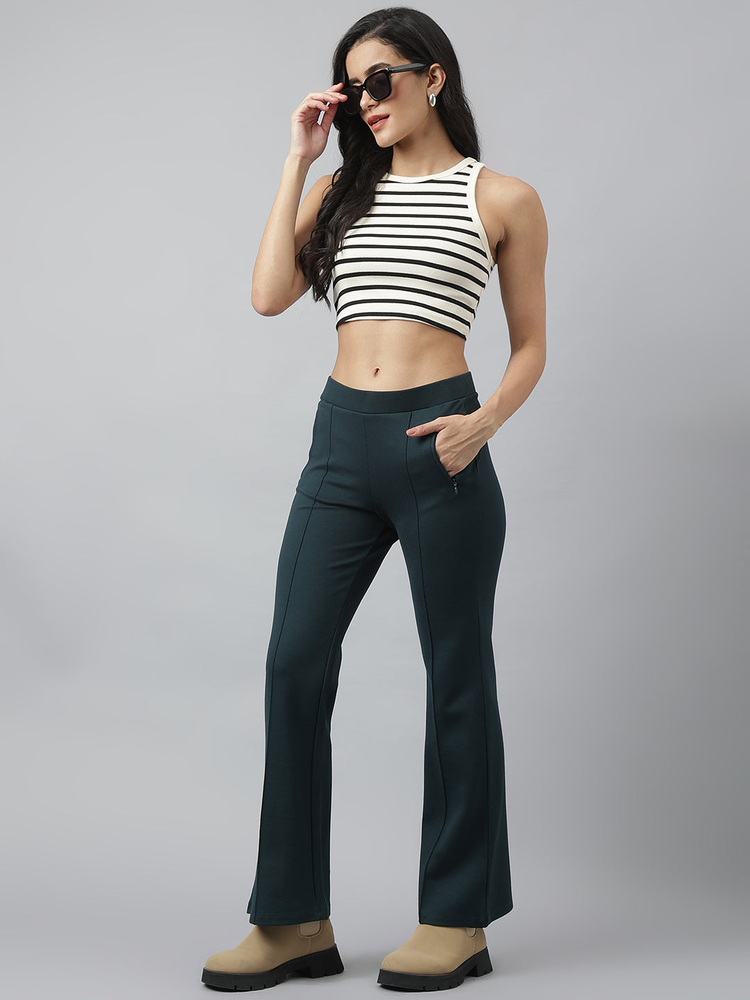 Green Solid High Rise Trousers For Casual Wear