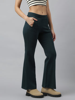 Green Solid High Rise Trousers For Casual Wear