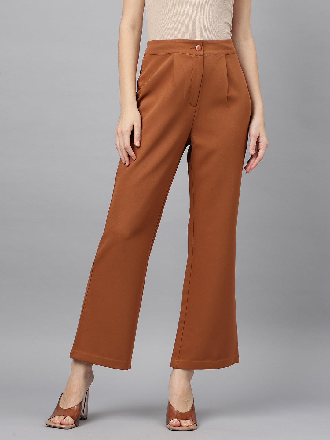 Latin Quarters Women'S Brown Solid Straight High Rise Formal Pant