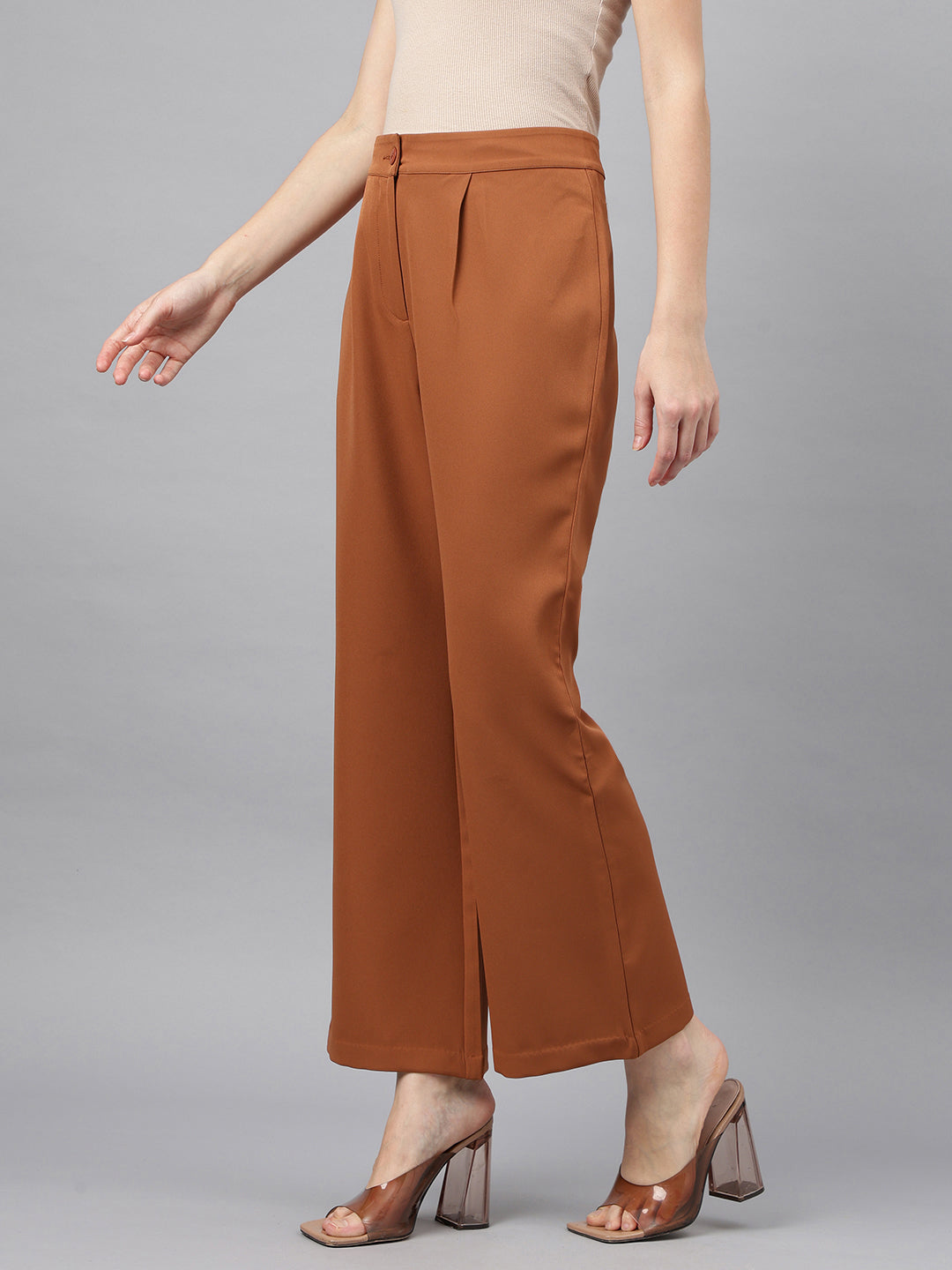 Latin Quarters Women'S Brown Solid Straight High Rise Formal Pant