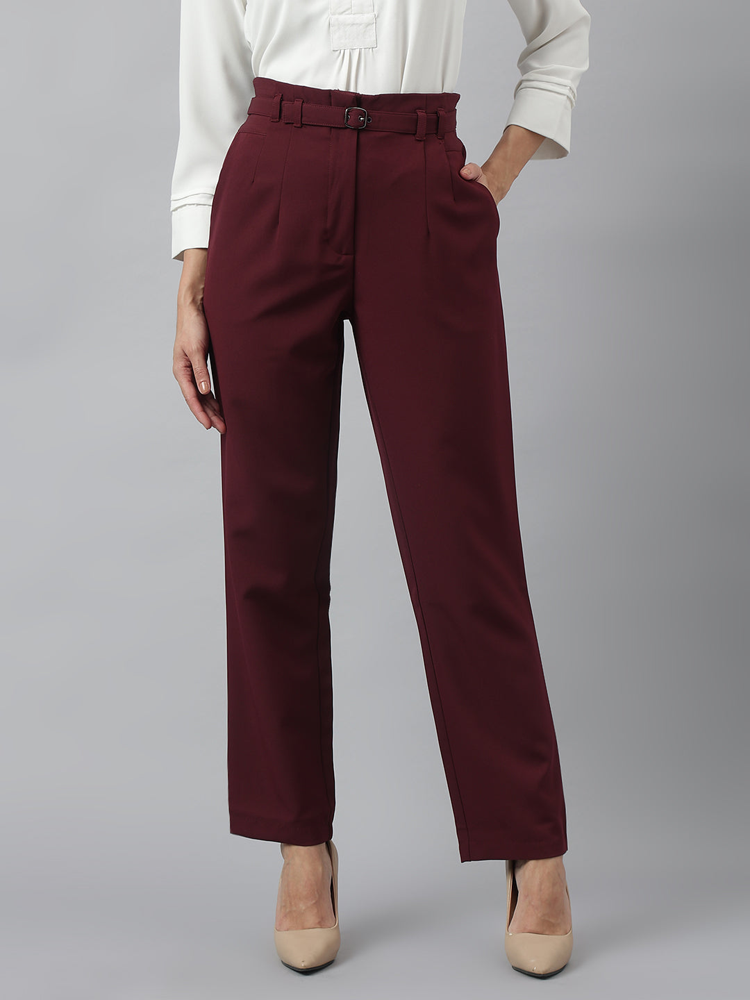 Latin Quarters Women'S Maroon Solid Straight High Rise Formal Pant