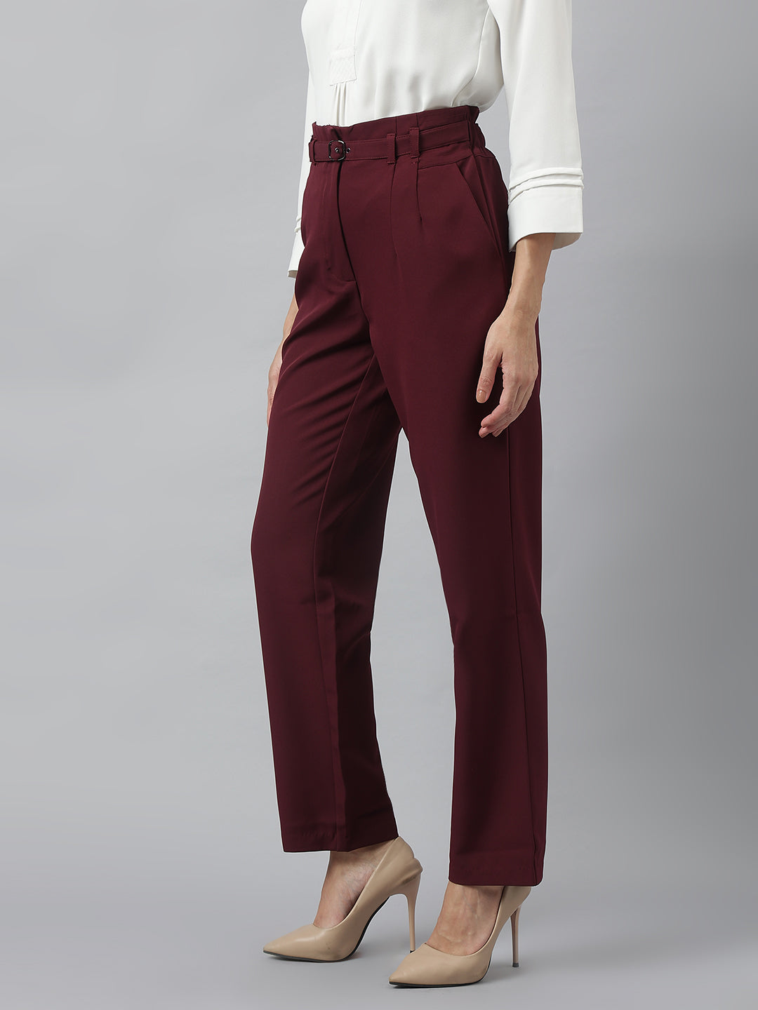 Latin Quarters Women'S Maroon Solid Straight High Rise Formal Pant