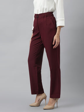 Latin Quarters Women'S Maroon Solid Straight High Rise Formal Pant