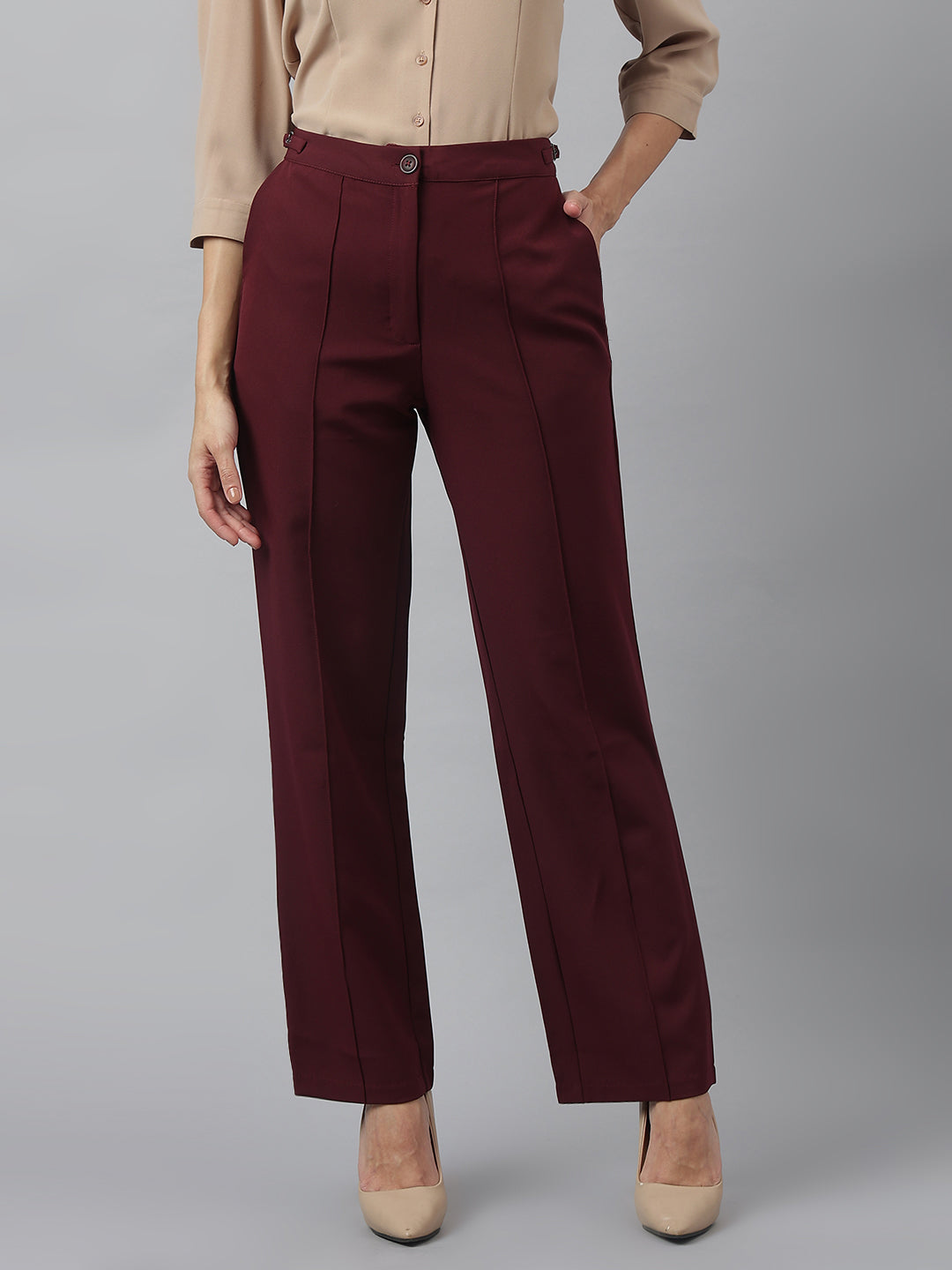 Latin Quarters Women'S Maroon Solid Straight High Rise Formal Trouser