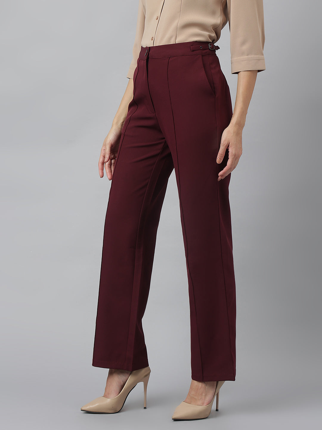 Latin Quarters Women'S Maroon Solid Straight High Rise Formal Trouser