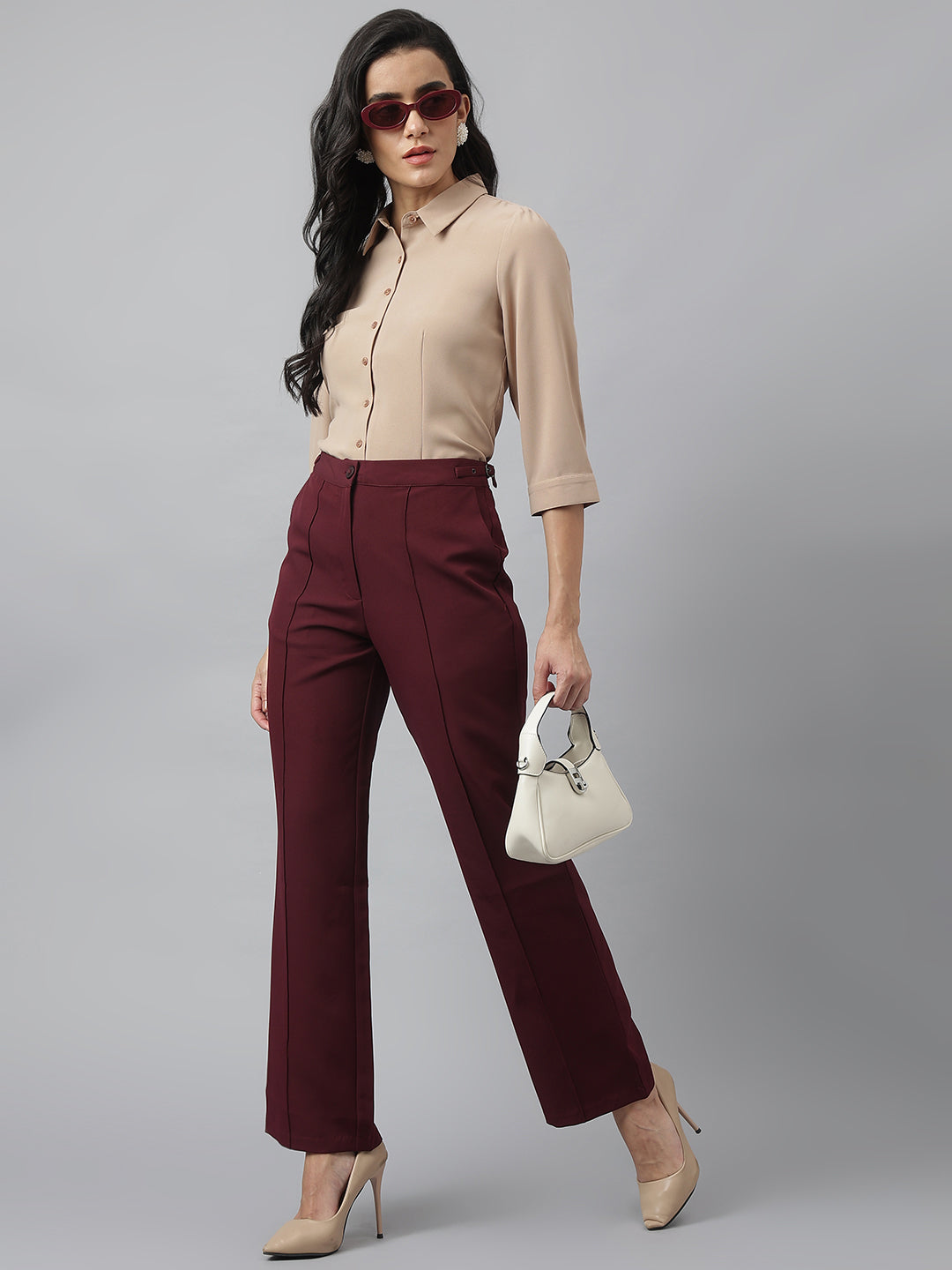 Latin Quarters Women'S Maroon Solid Straight High Rise Formal Trouser