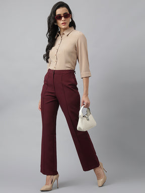 Latin Quarters Women'S Maroon Solid Straight High Rise Formal Trouser