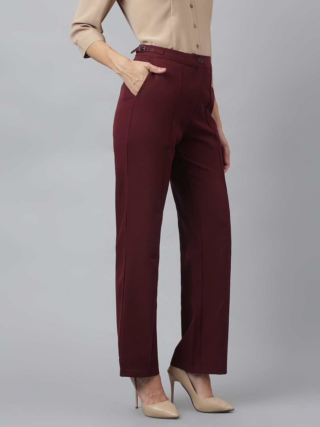 Latin Quarters Women'S Maroon Solid Straight High Rise Formal Trouser