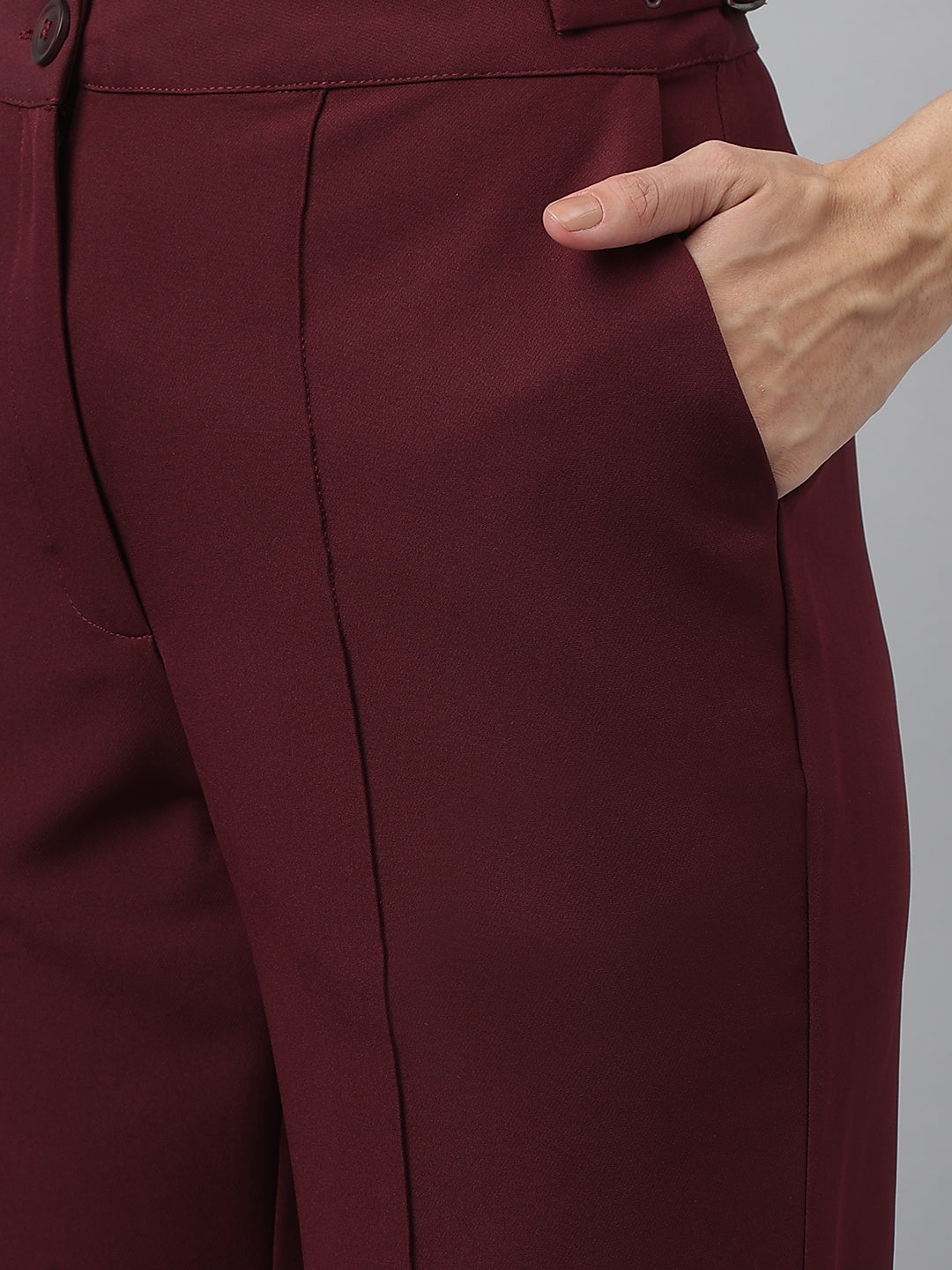 Latin Quarters Women'S Maroon Solid Straight High Rise Formal Trouser