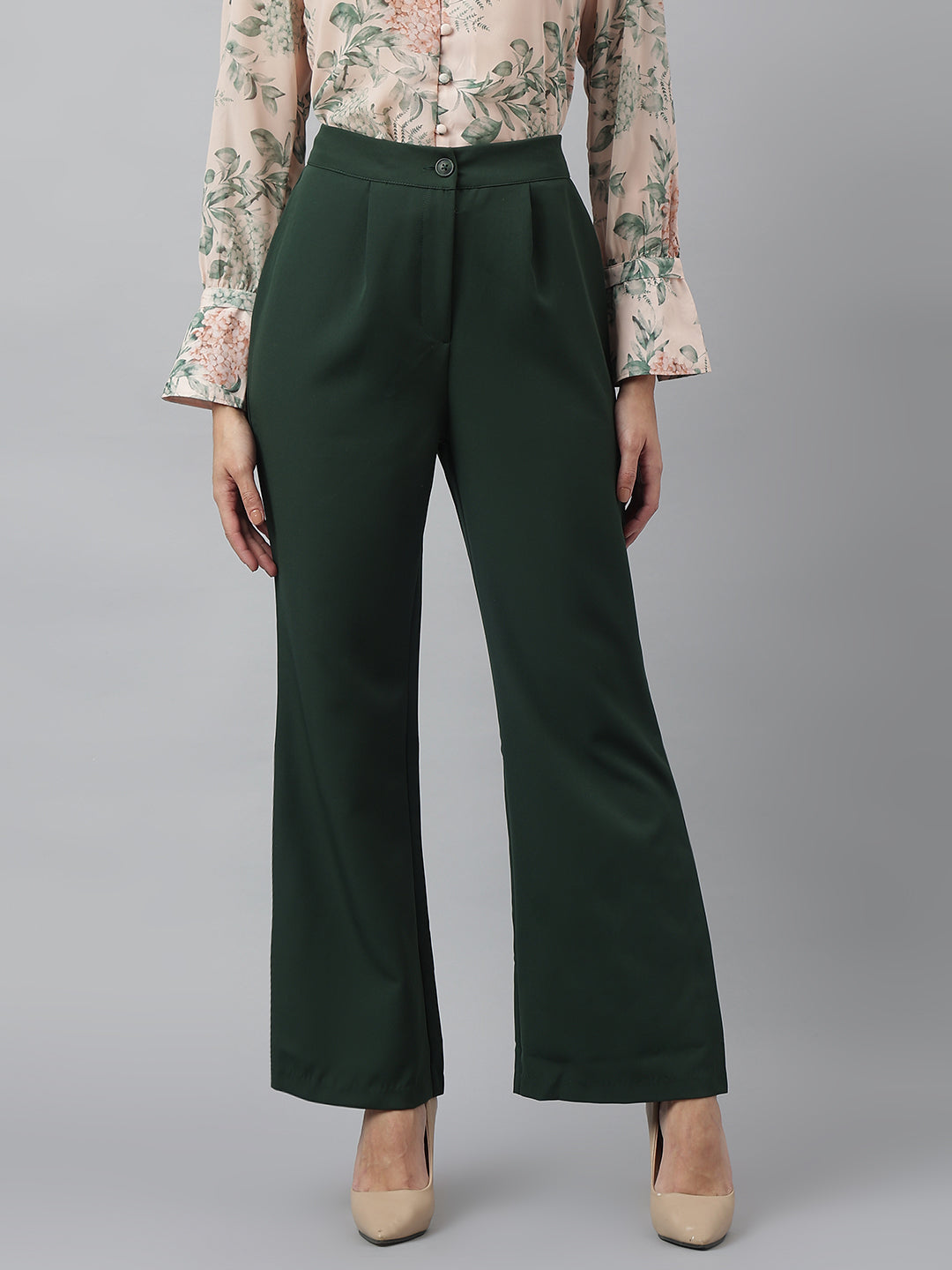 Latin Quarters Women'S Green Solid Straight High Rise Formal Pant