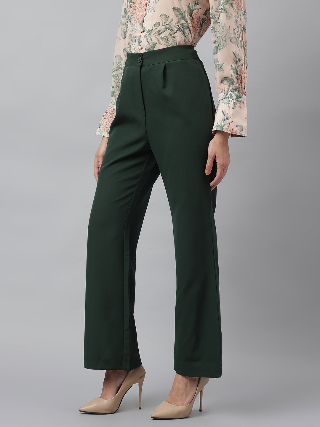 Latin Quarters Women'S Green Solid Straight High Rise Formal Pant