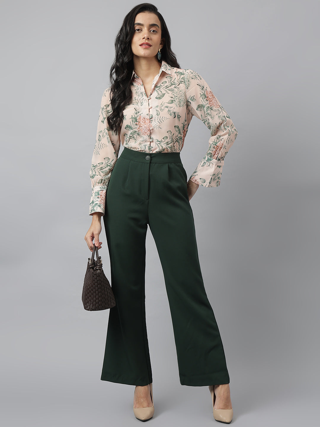 Latin Quarters Women'S Green Solid Straight High Rise Formal Pant