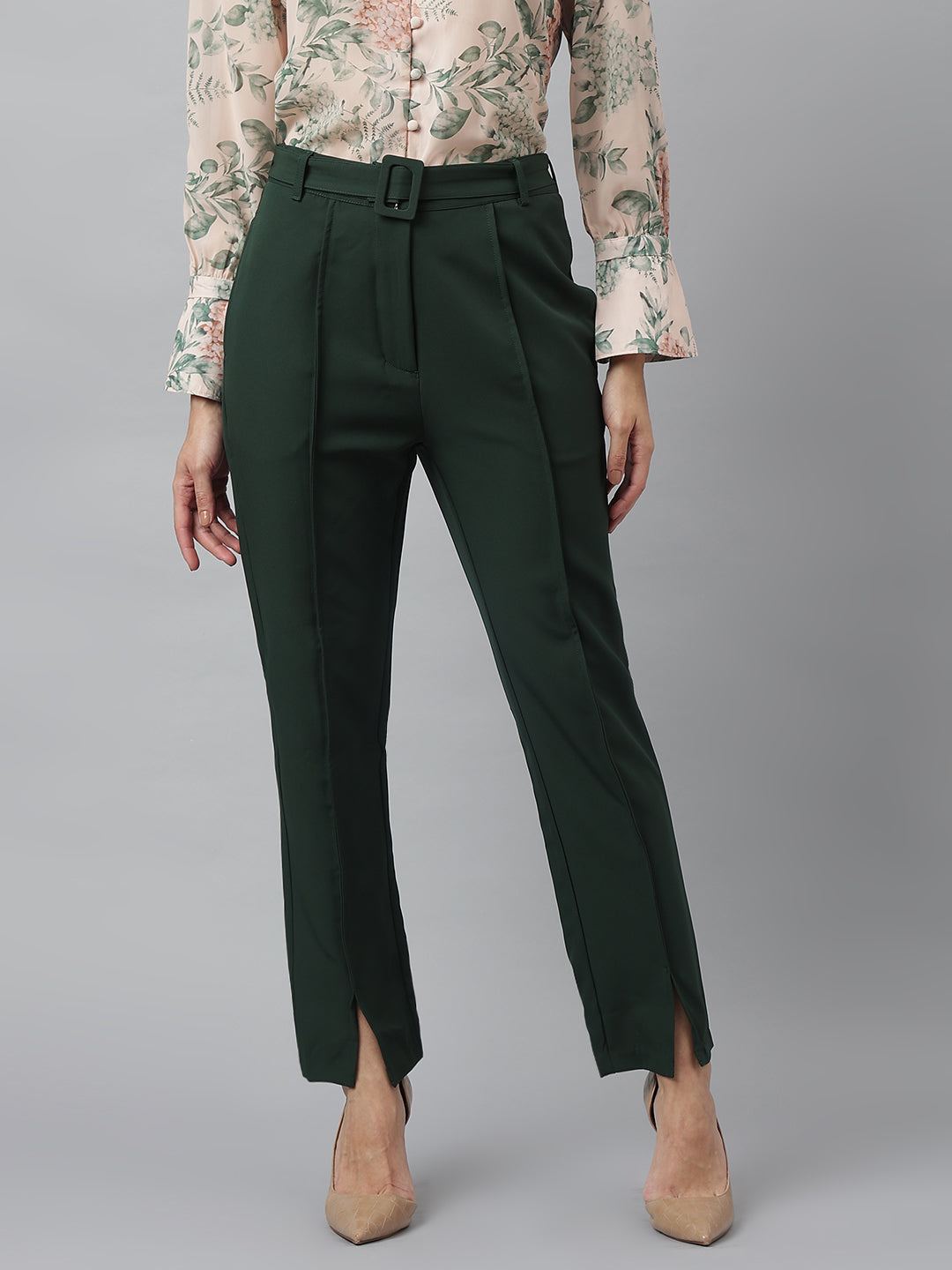 Latin Quarters Women'S Green Solid Skinny High Rise Formal Pant