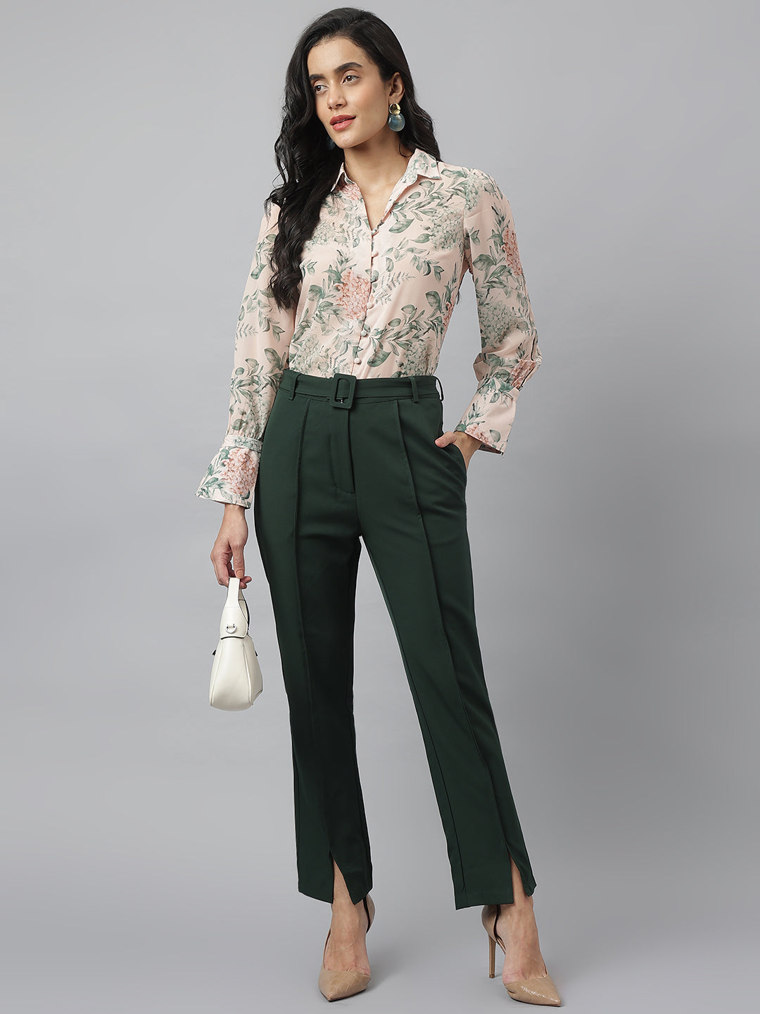 Latin Quarters Women'S Green Solid Skinny High Rise Formal Pant