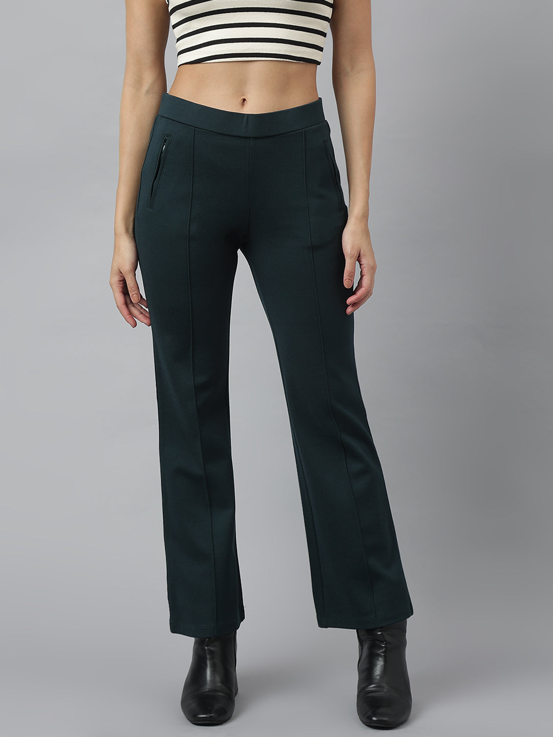 Latin Quarters Women's Green Solid Casual High Rise Full Length Flared Trouser