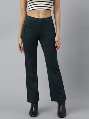 Latin Quarters Women's Green Solid Casual High Rise Full Length Flared Trouser