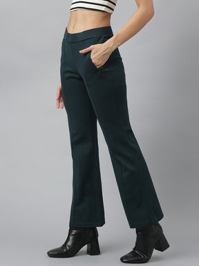 Latin Quarters Women's Green Solid Casual High Rise Full Length Flared Trouser